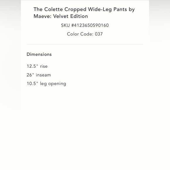 NWT Anthropologie The Colette Cropped Wide-Leg Pants by Maeve: Velvet Edition - Picture 5 of 6